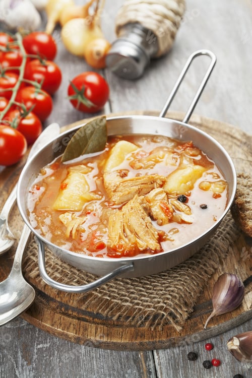 Preview: Soup With Cabbage And Meat. Russian Traditional Dish