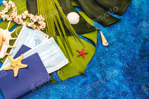 Preview: Travel And Vacation Coronavirus Concept. Summer 2020 Background With Medical Mask, Passports
