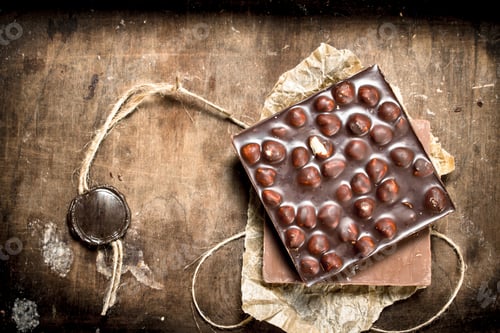 Preview: Chocolate With Nuts And A Tag. On A Wooden Background.