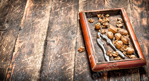 Preview: Walnuts With Nutcracker. On The Wooden Background.