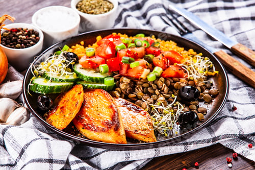 Preview: Groats With Lentils And Vegetables On Wooden Table