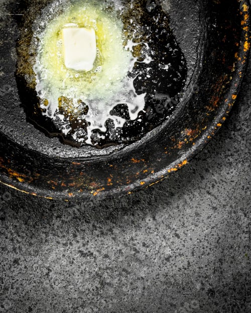 Preview: Butter In An Old Pan. On Rustic Background.