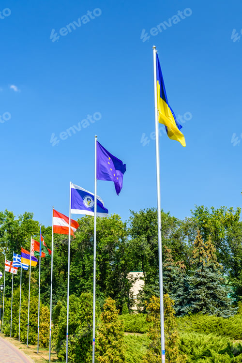 Preview: National Flags Of Different Countries In City Park Of Myrhorod, Ukraine