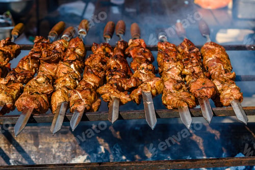 Preview: Skewers With Meat Over Charcoals. Cooking Shashlik