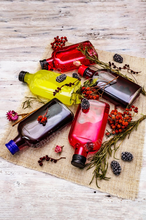 Preview: Homemade Assortment Of Berries Liqueurs Or Tincture. Sweet Mountain Fruits, Fragrance Herbs, Glass