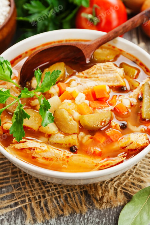 Preview: Pickle Soup With Meat And Tomato Sauce. Rassolnik