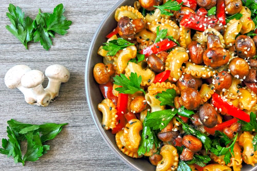 Preview: Scallops Pasta With Mushrooms Pasta With Mushrooms In A Bowl. Vegetarian Pasta With Mushrooms And