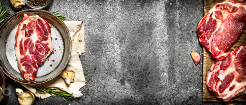 Preview: Raw Meat Background. Raw Pork With Spices And Herbs. On Rustic Background.