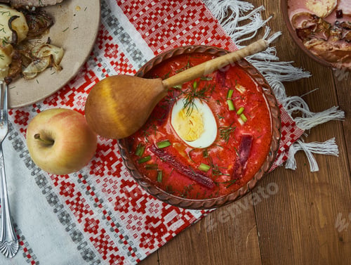 Preview: Chaladnik ,Cold Borscht Made Of Beets, Beet Leaves Or Sorrel And Served With Sour Cream, Belarusian