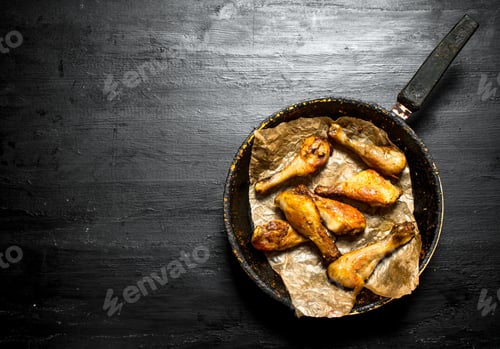 Preview: Fried Chicken Legs In A Frying Pan. On A Black Wooden Background.