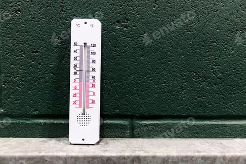 Preview: Thermometer Close Up Against Green Wall Giving Outdoor Temperature
