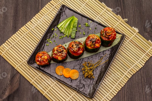 Preview: Korean Style Stuffed Cucumbers. Kojori Kimchi Spicy Snack. Fermented And Marinated Vegetables