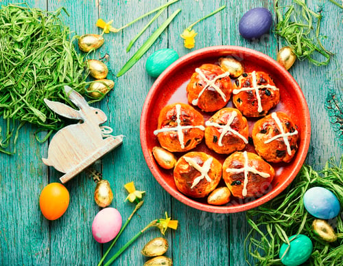 Preview: Easter Hot Cross Buns And Holiday Decor.Traditional English Easter Buns.