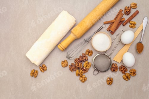 Preview: Raw Ingredients For Walnut Pie. Baking Concept Cooking On Stone Background, Top View