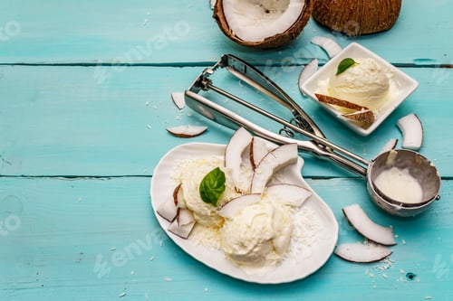 Preview: Lactose Free Coconut Ice Cream. Special Spoon, Halves Of Fruit, Flakes. Vegan Dessert Concept