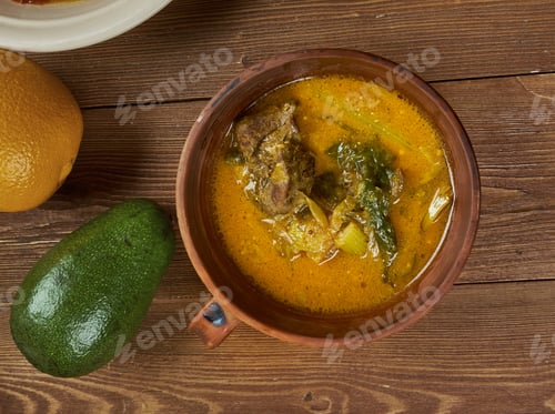Preview: Nigerian Cuisine - Okazi Soup , Traditional Assorted Dishes, Top View.