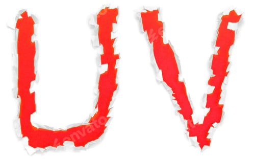 Preview: Red Letters "U,V" From The Torn Paper. On A White Background.