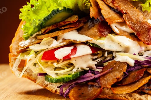 Preview: Kebab - Grilled Meat, Bread And Vegetables Against Orange Gradient Background