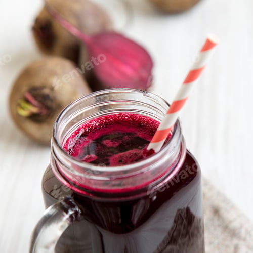 Preview: Beetroot Smoothie In Glass Jar Mug, Side View. Close-Up.