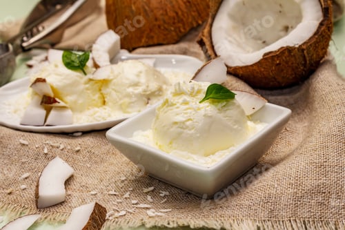 Preview: Lactose Free Coconut Ice Cream. Special Spoon, Halves Of Fruit, Flakes. Vegan Dessert Concept