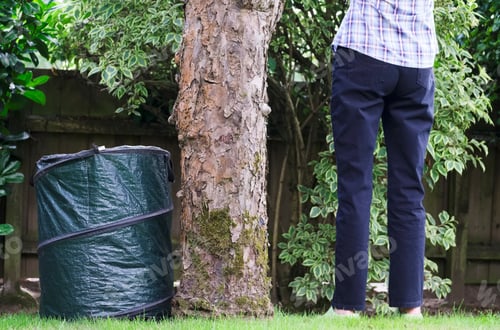 Preview: Collapsible Garden Cut Grass And Leaves Bin With Gardener Trimming Hedge Bush And Tree