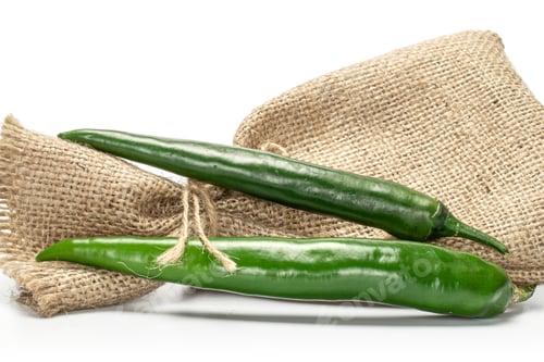 Preview: Group Of Two Whole Green Fresh Hot Pepper With Jute Bag Isolated On White Background