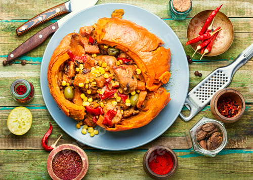 Preview: Pumpkin Stuffed With Meat,Olives,Corn And Pepper.Mexican Chicken.
