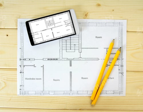 Preview: Planning Of Construction Of The House. Tablet, Drawings And Pencils On A Wooden Background.
