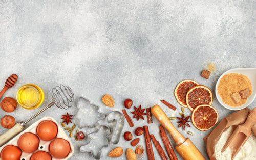 Preview: Christmas Baking Background With Ingredients (Flour, Eggs, Sugar, Honey, Nuts, Spices, Citrus
