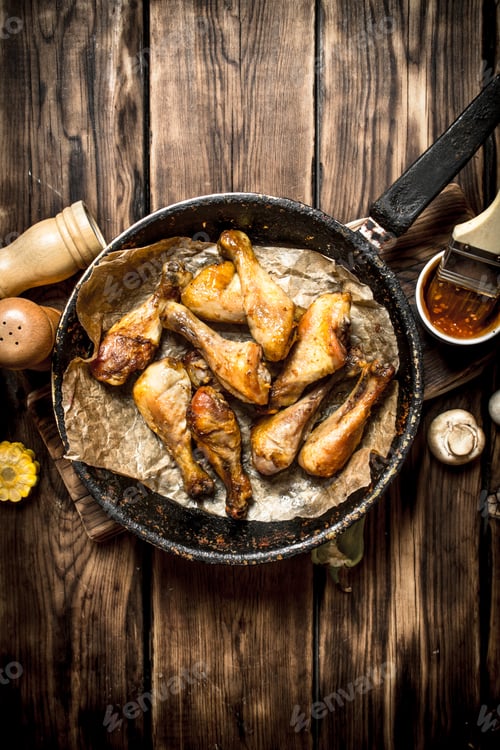 Preview: Fried Chicken Legs With Tomato Sauce. On A Wooden Table.