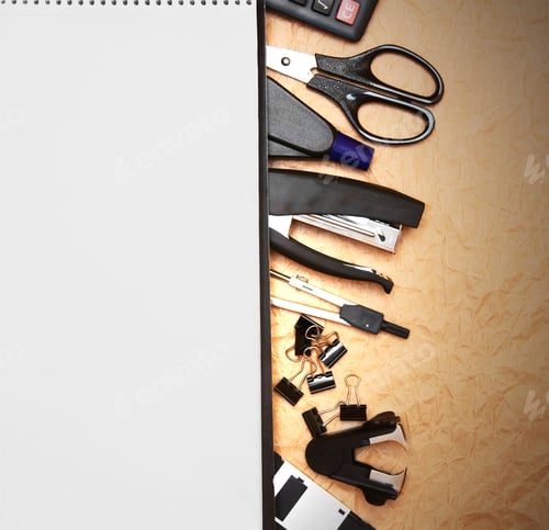 Preview: Office Accessories And Notebook . On Paper.