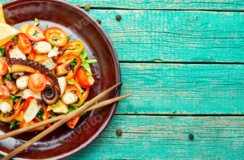 Preview: Appetizing Spring Or Summer Salad With Vegetables And Octopus.Copy Space