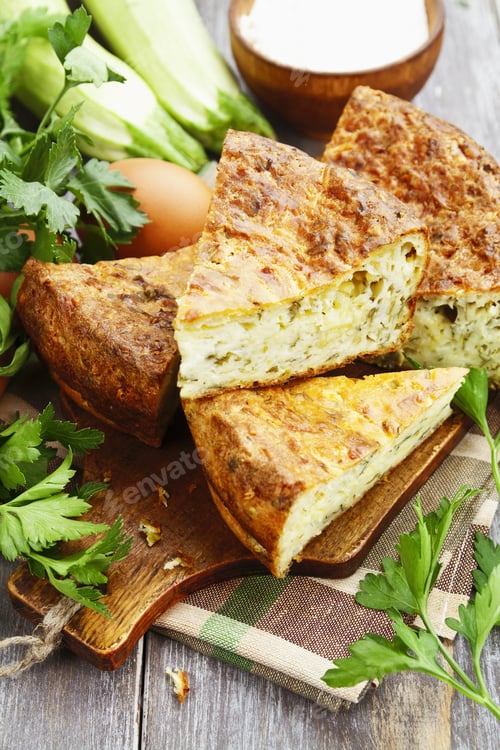 Preview: Pie With Zucchini, Cheese And Herbs On The Table