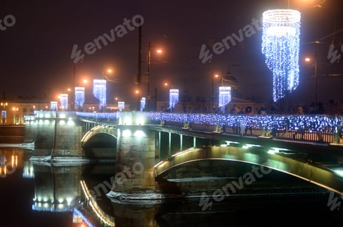 Preview: View Of Exchange Bridge On Vasilevsky Island At Winter Night In St.Petersburg, Russia.