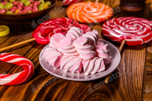 Preview: Ceramic Plate With Marshmallow, Candy Cane And Lollipops On Rustic Wooden Table