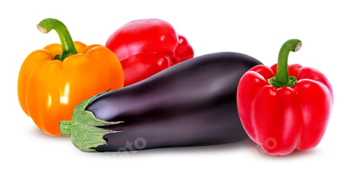 Preview: Fresh Vegetable Eggplants And Pepper Isolated On White Background.