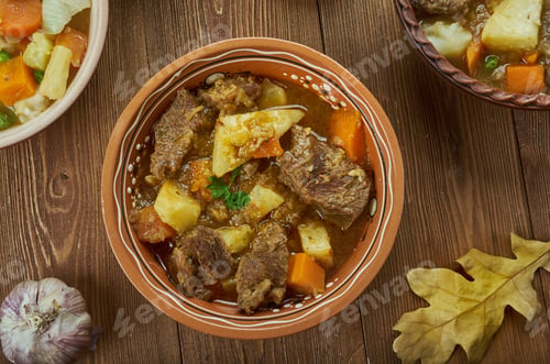 Preview: Irish Lamb And Turnip Stew, Irish Cuisine, Traditional Assorted Dishes, Top View.