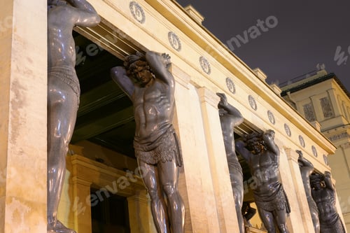 Preview: Building Of New Hermitage With Statues Of Atlanteans In Center Of St.Petersburg At Night, Russia.