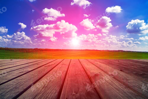 Preview: Green Field Under Blue Sky. Wood Planks Floor. Beauty Nature Background