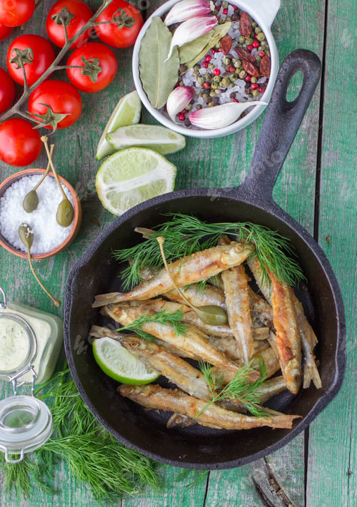 Preview: Fried Small Fish. Fried Smelt In The Pan On The Table With A Sauce, Lime, Tomatoes, Dill And Garlic