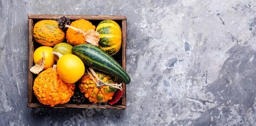 Preview: Different Varieties Of Squashes And Pumpkins.Autumn Harvest