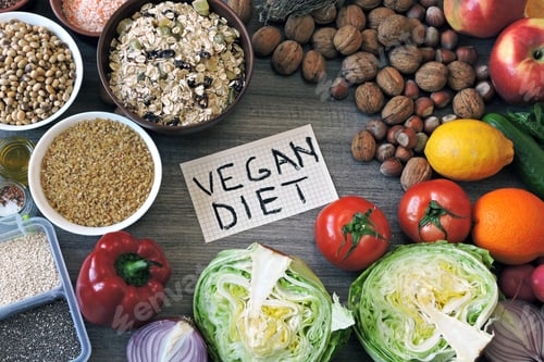 Preview: Set Of Vegan Products. A Note With The Inscription Vegan Diet.