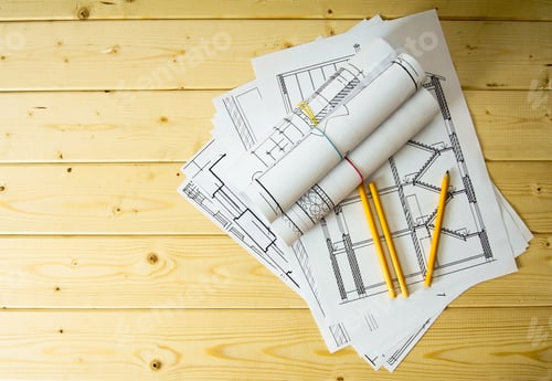 Preview: We Build A Building. House Construction. Many Drawings For Building And Pencils On A Wooden