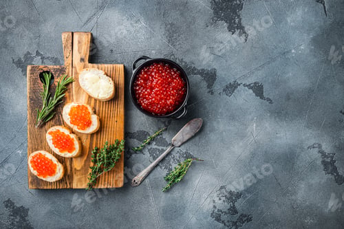 Preview: Canape Toasts With Red Caviar, On Gray Background, Top View Flat Lay With Copy Space For Text