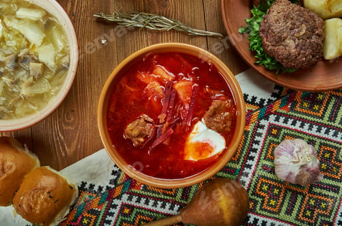 Preview: Borscht, Sour Beetroots Soup, Ukrainian Cuisine, Traditional Assorted Dishes, Top View.
