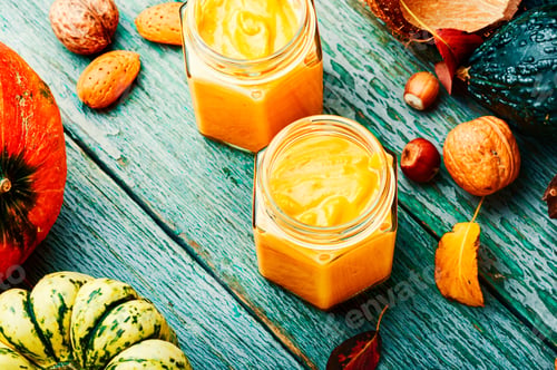 Preview: Healthy Pumpkin Smoothie In Glass Jars.Traditional Autumn Dishes.Squash Beverage