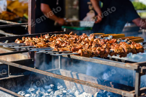 Preview: Skewers With Meat Over Charcoals. Cooking Shashlik