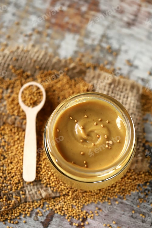 Preview: Natural Mustard In A Jar. Grains Of Mustard. Homemade Mustard. Organic Mustard. Selective Focus