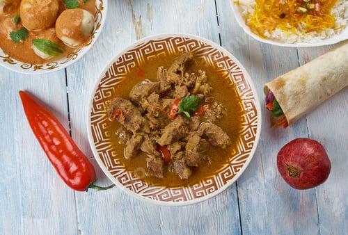 Preview: Mutton Afghani Korma, Afghani Uisine, Central Asia Traditional Assorted Dishes, Top View.