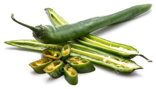Preview: One Whole Green Chili Pepper, Two Halves And Slices Isolated On White Background